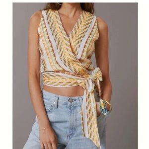 Anthropologie Dolan White Multi Embroidered V Neck Sleeveless Wrap Top NWT L